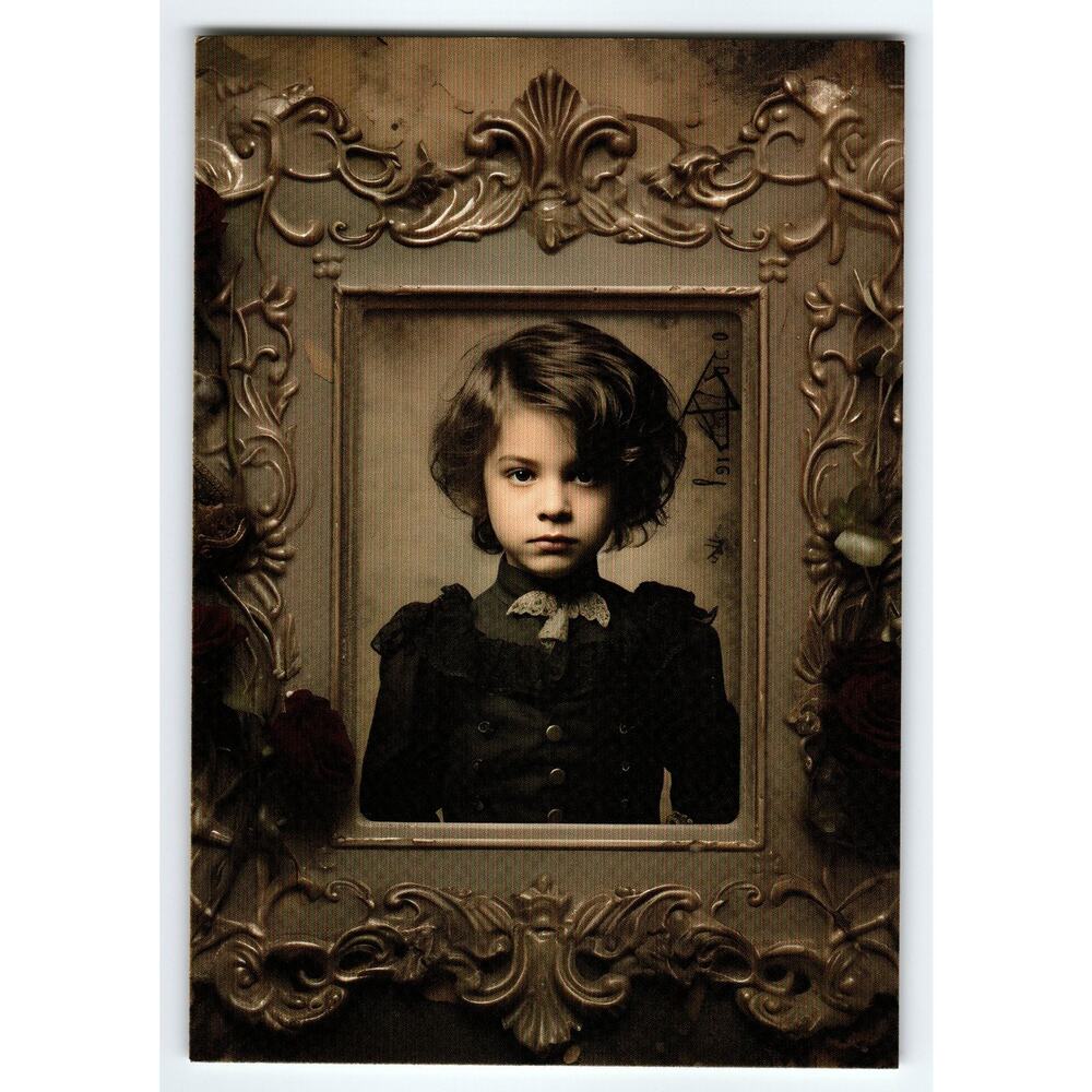 Vintage Halloween Photochrome Postcard Gothic Child in Ornate Frame